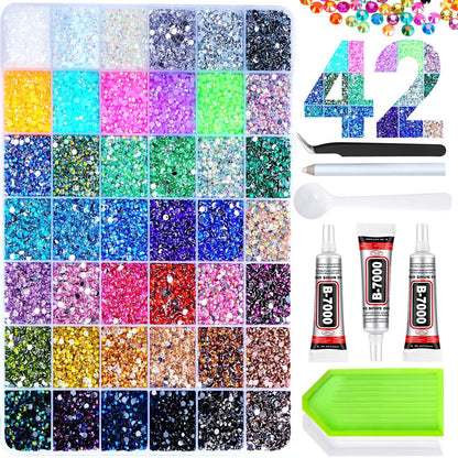 42 Colors 46000 Pcs Jelly Rhinestones for Bedazzling, 3mm Multicolor Resin Flatback Gems with 3 Pcs B7000 Glue - Crafting, Clothing, Shoes, Book, Diamond Art DIY Avelisse