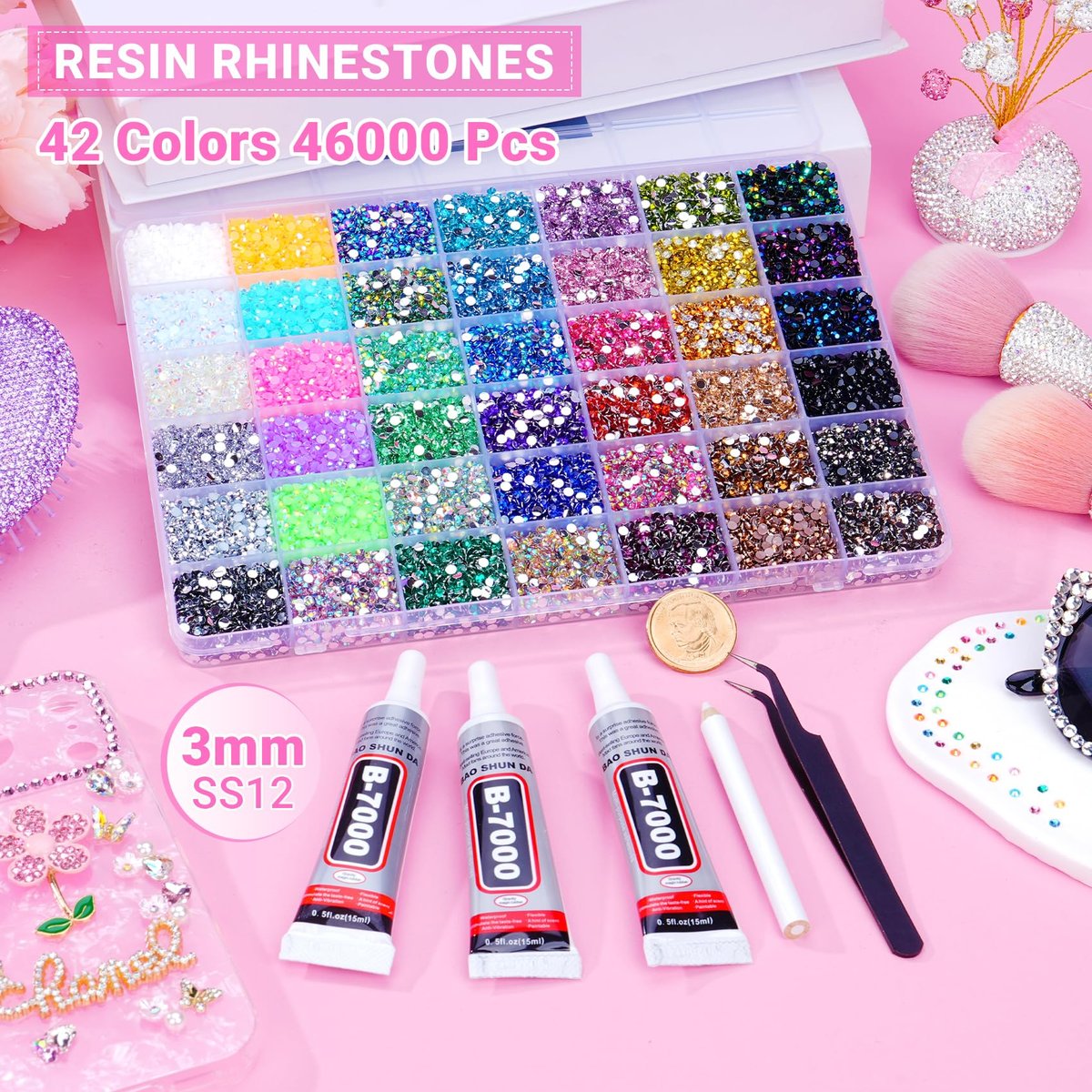 42 Colors 46000 Pcs Jelly Rhinestones for Bedazzling, 3mm Multicolor Resin Flatback Gems with 3 Pcs B7000 Glue - Crafting, Clothing, Shoes, Book, Diamond Art DIY Avelisse