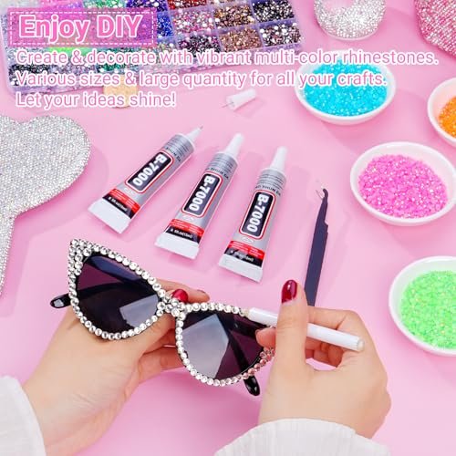 42 Colors 46000 Pcs Jelly Rhinestones for Bedazzling, 3mm Multicolor Resin Flatback Gems with 3 Pcs B7000 Glue - Crafting, Clothing, Shoes, Book, Diamond Art DIY Avelisse