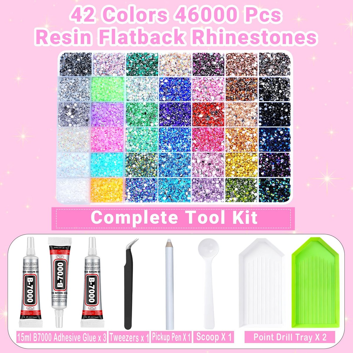 42 Colors 46000 Pcs Jelly Rhinestones for Bedazzling, 3mm Multicolor Resin Flatback Gems with 3 Pcs B7000 Glue - Crafting, Clothing, Shoes, Book, Diamond Art DIY Avelisse