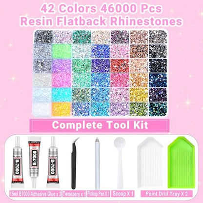 42 Colors 46000 Pcs Jelly Rhinestones for Bedazzling, 3mm Multicolor Resin Flatback Gems with 3 Pcs B7000 Glue - Crafting, Clothing, Shoes, Book, Diamond Art DIY Avelisse