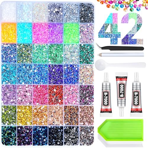 42 Colors 46000 Pcs Jelly Rhinestones for Bedazzling, 3mm Multicolor Resin Flatback Gems with 3 Pcs B7000 Glue - Crafting, Clothing, Shoes, Book, Diamond Art DIY Avelisse