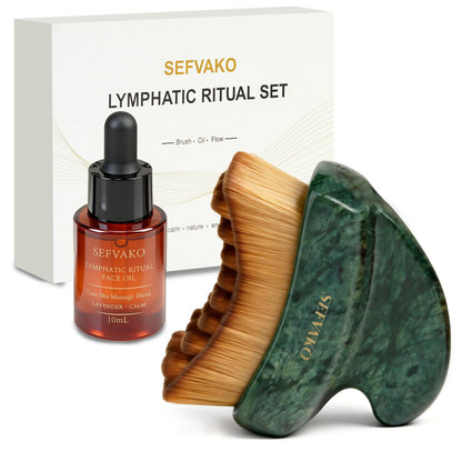 Lymphatic Contour Face Brush Set with Gua Sha Face Oil, Dual-Ended Dry Brush + Jade Gua Sha Edge, 0.075mm Ultra-Soft Bristles - for Lymphatic Drainage, De-Puff, Sculpt, Smooth & Glow Avelisse