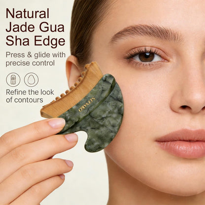Lymphatic Contour Face Brush Set with Gua Sha Face Oil, Dual-Ended Dry Brush + Jade Gua Sha Edge, 0.075mm Ultra-Soft Bristles - for Lymphatic Drainage, De-Puff, Sculpt, Smooth & Glow Avelisse