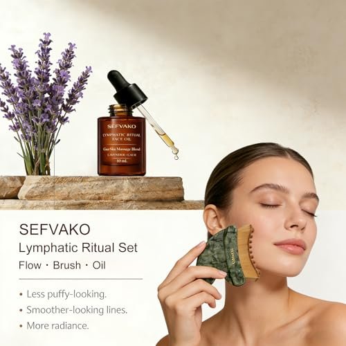 Lymphatic Contour Face Brush Set with Gua Sha Face Oil, Dual-Ended Dry Brush + Jade Gua Sha Edge, 0.075mm Ultra-Soft Bristles - for Lymphatic Drainage, De-Puff, Sculpt, Smooth & Glow Avelisse