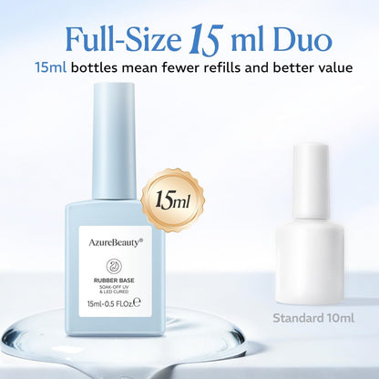 AZUREBEAUTY 15ml Rubber Base Gel Polish and No Wipe Top Coat Set – Builder Base Coat & Ultra Shine Top Coat for Thin, Weak, Brittle Nails – Self-Leveling, Long Lasting