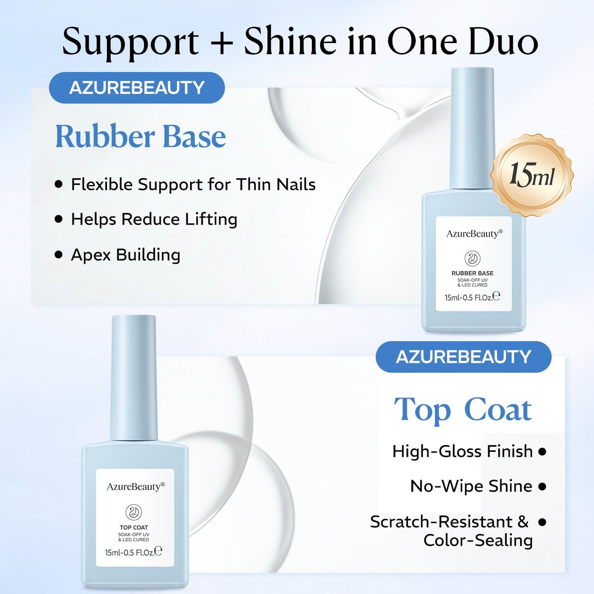 AZUREBEAUTY 15ml Rubber Base Gel Polish and No Wipe Top Coat Set – Builder Base Coat & Ultra Shine Top Coat for Thin, Weak, Brittle Nails – Self-Leveling, Long Lasting - görsel 3