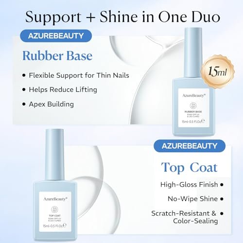 AZUREBEAUTY 15ml Rubber Base Gel Polish and No Wipe Top Coat Set – Builder Base Coat & Ultra Shine Top Coat for Thin, Weak, Brittle Nails – Self-Leveling, Long Lasting - görsel 4
