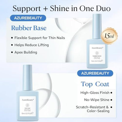 AZUREBEAUTY 15ml Rubber Base Gel Polish and No Wipe Top Coat Set – Builder Base Coat & Ultra Shine Top Coat for Thin, Weak, Brittle Nails – Self-Leveling, Long Lasting
