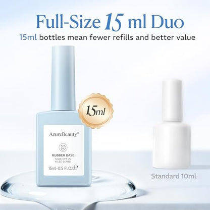 AZUREBEAUTY 15ml Rubber Base Gel Polish and No Wipe Top Coat Set – Builder Base Coat & Ultra Shine Top Coat for Thin, Weak, Brittle Nails – Self-Leveling, Long Lasting