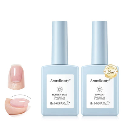 AZUREBEAUTY 15ml Rubber Base Gel Polish and No Wipe Top Coat Set – Builder Base Coat & Ultra Shine Top Coat for Thin, Weak, Brittle Nails – Self-Leveling, Long Lasting