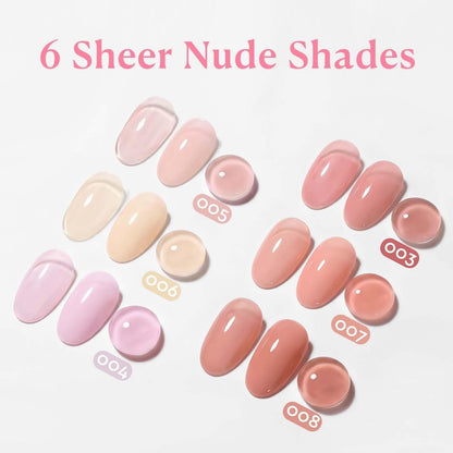 AZUREBEAUTY 10ml 6 Color Rubber Base Gel Polish with Top Coat Set – Sheer Nude Pink Jelly Self-Leveling Builder Gel for Thin Weak Nails, Long Lasting Soak Off UV LED Avelisse
