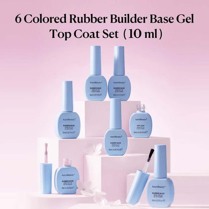 AZUREBEAUTY 10ml 6 Color Rubber Base Gel Polish with Top Coat Set – Sheer Nude Pink Jelly Self-Leveling Builder Gel for Thin Weak Nails, Long Lasting Soak Off UV LED Avelisse