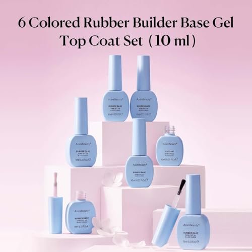 AZUREBEAUTY 10ml 6 Color Rubber Base Gel Polish with Top Coat Set – Sheer Nude Pink Jelly Self-Leveling Builder Gel for Thin Weak Nails, Long Lasting Soak Off UV LED Avelisse