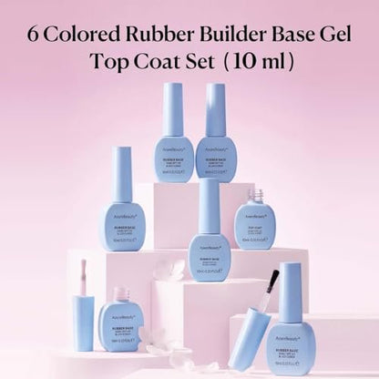 AZUREBEAUTY 10ml 6 Color Rubber Base Gel Polish with Top Coat Set – Sheer Nude Pink Jelly Self-Leveling Builder Gel for Thin Weak Nails, Long Lasting Soak Off UV LED Avelisse