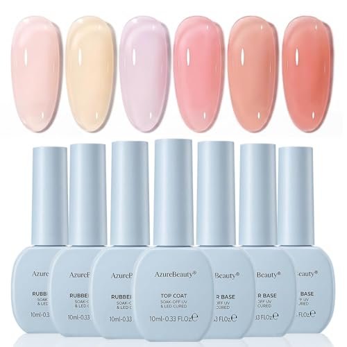 AZUREBEAUTY 10ml 6 Color Rubber Base Gel Polish with Top Coat Set – Sheer Nude Pink Jelly Self-Leveling Builder Gel for Thin Weak Nails, Long Lasting Soak Off UV LED Avelisse