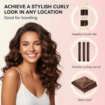 Heatless Curls Overnight Hair Curlers - 3PC No-Heat Curling Rod Set with Satin Wrap & Shower Cap | Velvet Hair Rollers for Heat-Free Waves Avelisse