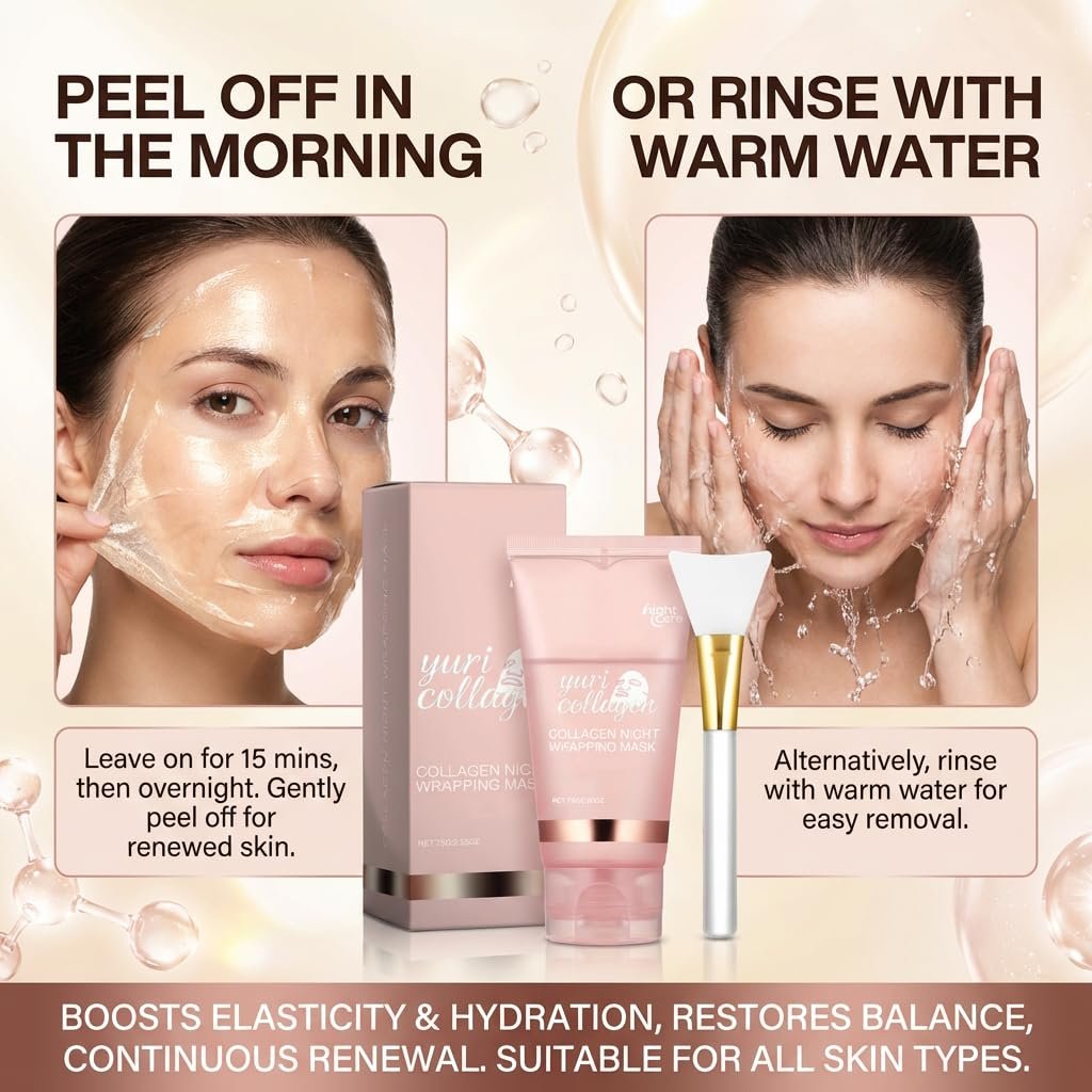 Yuri Collagen Night Wrapping Mask – Overnight Peel Off Face Mask with Collagen, Hydrating & Firming Sleeping Mask for All Skin Types, 2.53 Fl Oz Avelisse