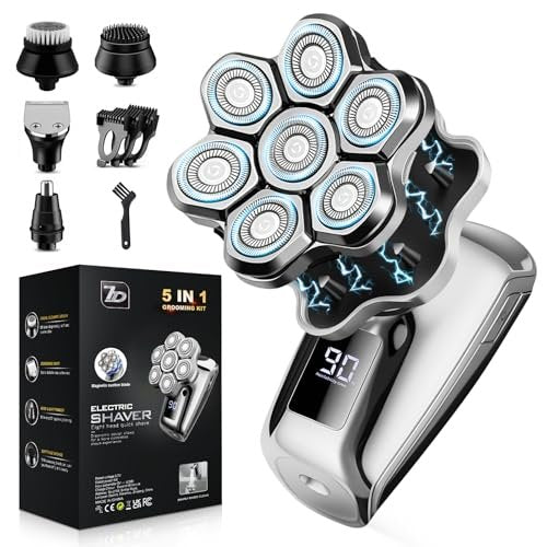 VOPH Head Shavers for Bald Men - 7D Floating Blades Electric Razor with Magnetic Detachable Heads, IPX7 Waterproof Rotary Shaver 5-in-1 Self-Grooming Kit Gift for Balder, Bright Silver - görsel 2