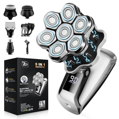 VOPH Head Shavers for Bald Men - 7D Floating Blades Electric Razor with Magnetic Detachable Heads, IPX7 Waterproof Rotary Shaver 5-in-1 Self-Grooming Kit Gift for Balder, Bright Silver