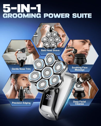 VOPH Head Shavers for Bald Men - 7D Floating Blades Electric Razor with Magnetic Detachable Heads, IPX7 Waterproof Rotary Shaver 5-in-1 Self-Grooming Kit Gift for Balder, Bright Silver