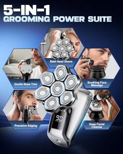 VOPH Head Shavers for Bald Men - 7D Floating Blades Electric Razor with Magnetic Detachable Heads, IPX7 Waterproof Rotary Shaver 5-in-1 Self-Grooming Kit Gift for Balder, Bright Silver