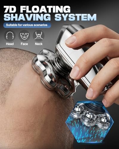 VOPH Head Shavers for Bald Men - 7D Floating Blades Electric Razor with Magnetic Detachable Heads, IPX7 Waterproof Rotary Shaver 5-in-1 Self-Grooming Kit Gift for Balder, Bright Silver