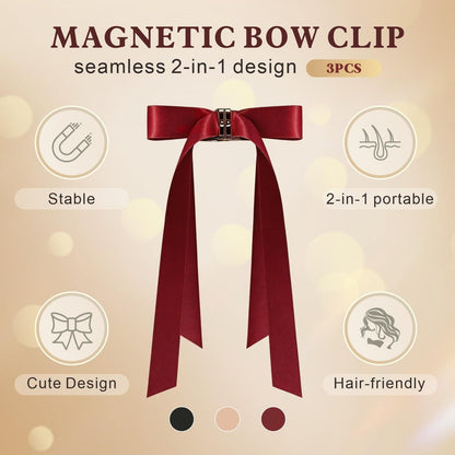 3PCS Magnetic Hair Bow Set - Strong Hold No-Slip Magnetic Hair Clips for Styling, Mini Butterfly Hair Clips, Seamless 2-in-1 Design, Hair Accessories (Champagne, Burgundy, Premium Black) Avelisse
