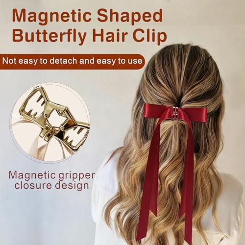 3PCS Magnetic Hair Bow Set - Strong Hold No-Slip Magnetic Hair Clips for Styling, Mini Butterfly Hair Clips, Seamless 2-in-1 Design, Hair Accessories (Champagne, Burgundy, Premium Black) Avelisse