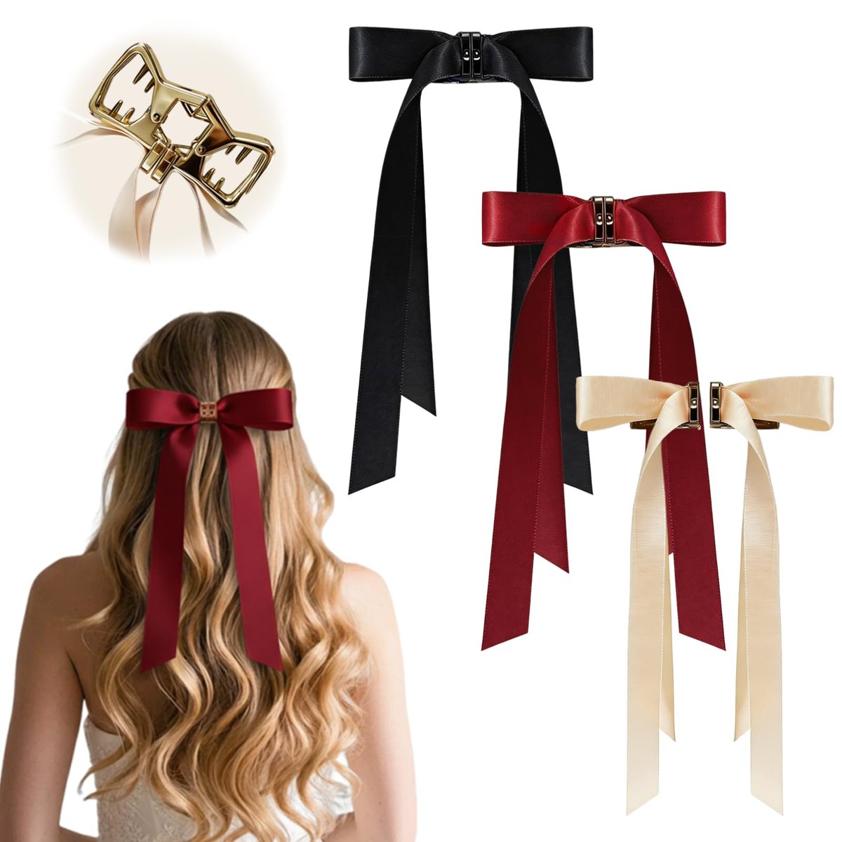3PCS Magnetic Hair Bow Set - Strong Hold No-Slip Magnetic Hair Clips for Styling, Mini Butterfly Hair Clips, Seamless 2-in-1 Design, Hair Accessories (Champagne, Burgundy, Premium Black) Avelisse