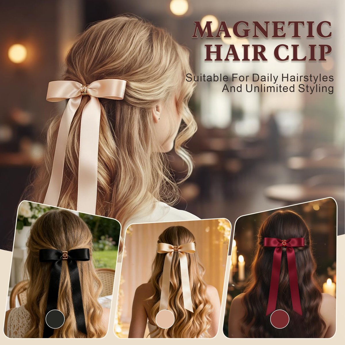 3PCS Magnetic Hair Bow Set - Strong Hold No-Slip Magnetic Hair Clips for Styling, Mini Butterfly Hair Clips, Seamless 2-in-1 Design, Hair Accessories (Champagne, Burgundy, Premium Black) Avelisse