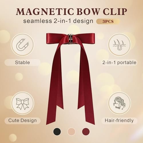 3PCS Magnetic Hair Bow Set - Strong Hold No-Slip Magnetic Hair Clips for Styling, Mini Butterfly Hair Clips, Seamless 2-in-1 Design, Hair Accessories (Champagne, Burgundy, Premium Black) Avelisse