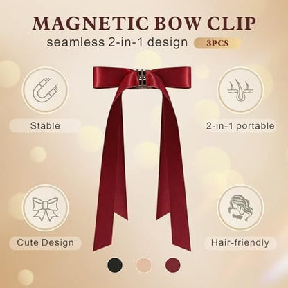 3PCS Magnetic Hair Bow Set - Strong Hold No-Slip Magnetic Hair Clips for Styling, Mini Butterfly Hair Clips, Seamless 2-in-1 Design, Hair Accessories (Champagne, Burgundy, Premium Black) Avelisse