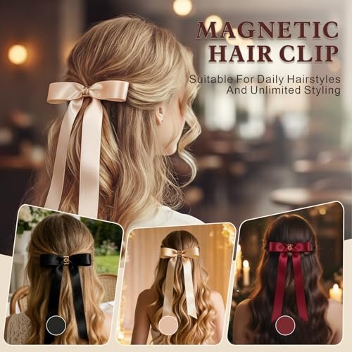 3PCS Magnetic Hair Bow Set - Strong Hold No-Slip Magnetic Hair Clips for Styling, Mini Butterfly Hair Clips, Seamless 2-in-1 Design, Hair Accessories (Champagne, Burgundy, Premium Black) Avelisse