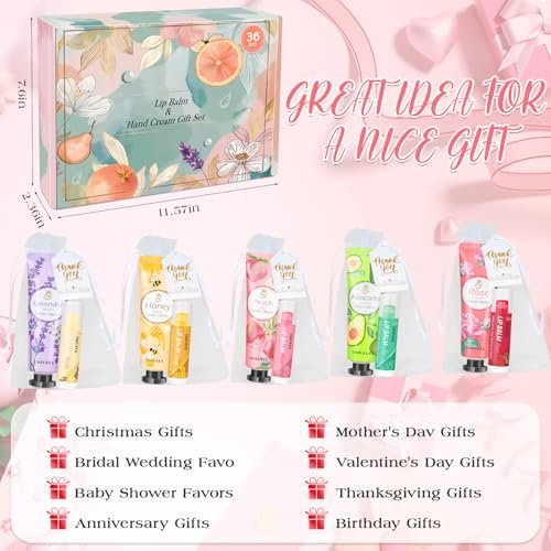 36 Sets Bulk Gifts for Women: Hand Cream & Lip Balm Set with Organza Bags – Bridal Wedding Favors, Baby Shower Favors, Teacher Appreciation Thank You Gifts, Mother's Day Gifts Avelisse