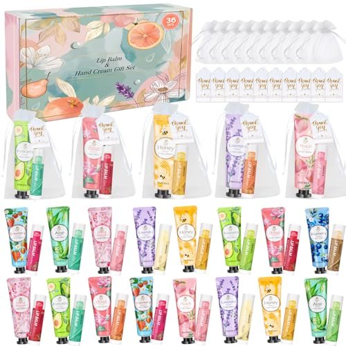 36 Sets Bulk Gifts for Women: Hand Cream & Lip Balm Set with Organza Bags – Bridal Wedding Favors, Baby Shower Favors, Teacher Appreciation Thank You Gifts, Mother's Day Gifts Avelisse