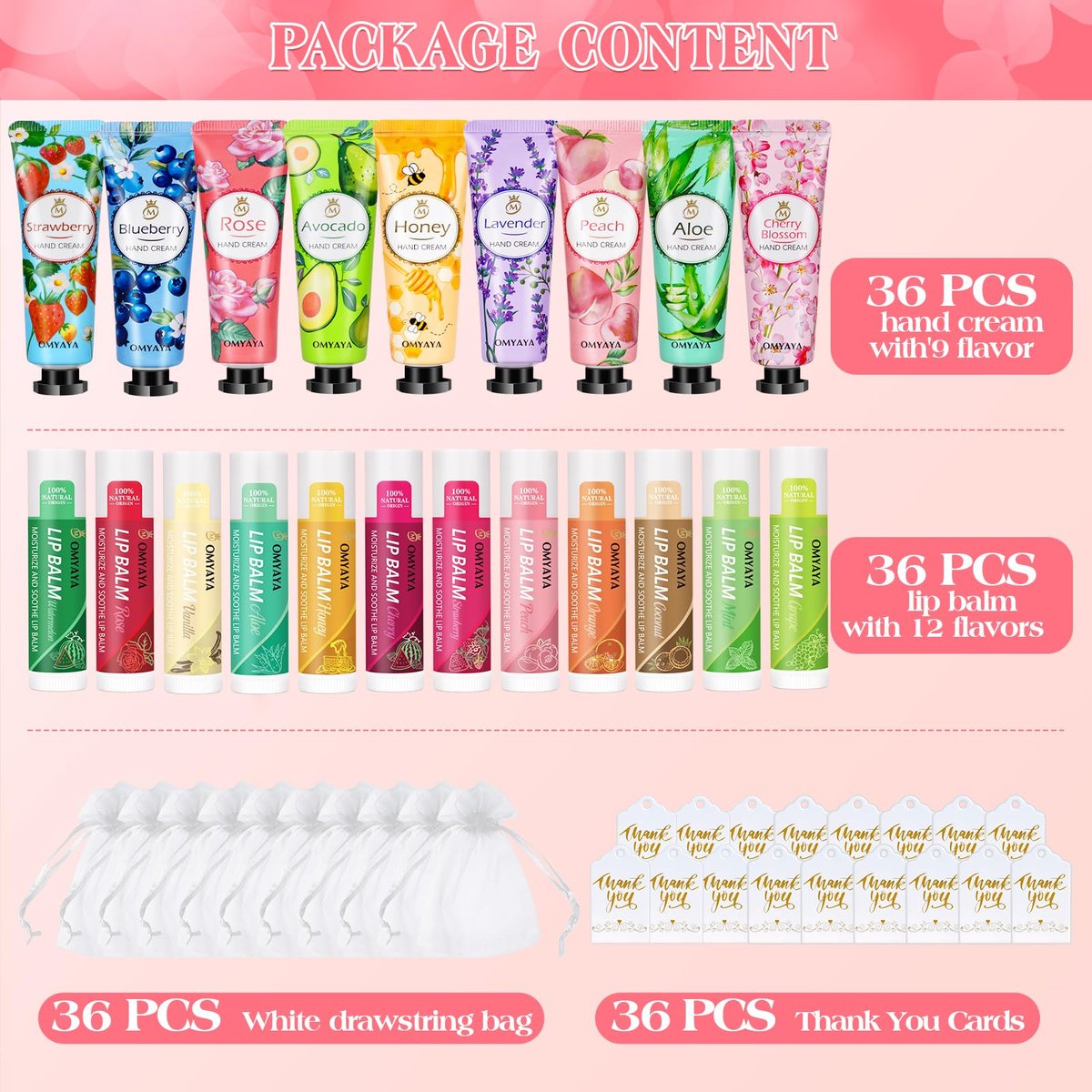 36 Sets Bulk Gifts for Women: Hand Cream & Lip Balm Set with Organza Bags – Bridal Wedding Favors, Baby Shower Favors, Teacher Appreciation Thank You Gifts, Mother's Day Gifts Avelisse