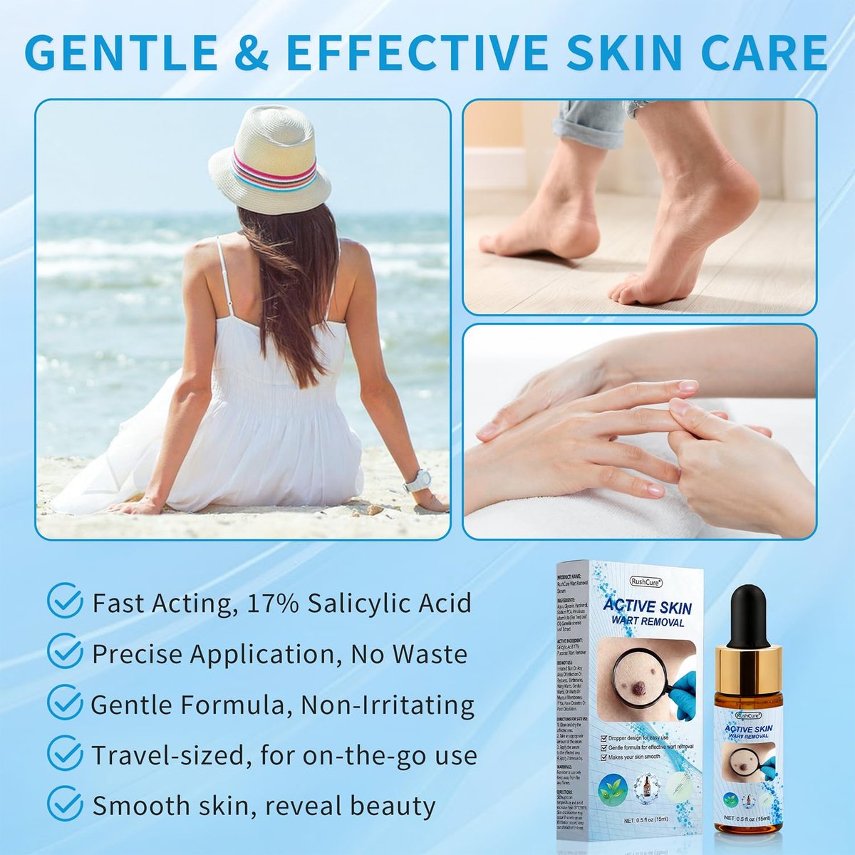 RushCure Skin Wart Remover with 17% Salicylic Acid - Fast Acting Mole Remover Serum for Plantar, Common & Flat Warts, Gentle Formula with Precision Dropper, Travel Size (0.5 Fl Oz) Avelisse