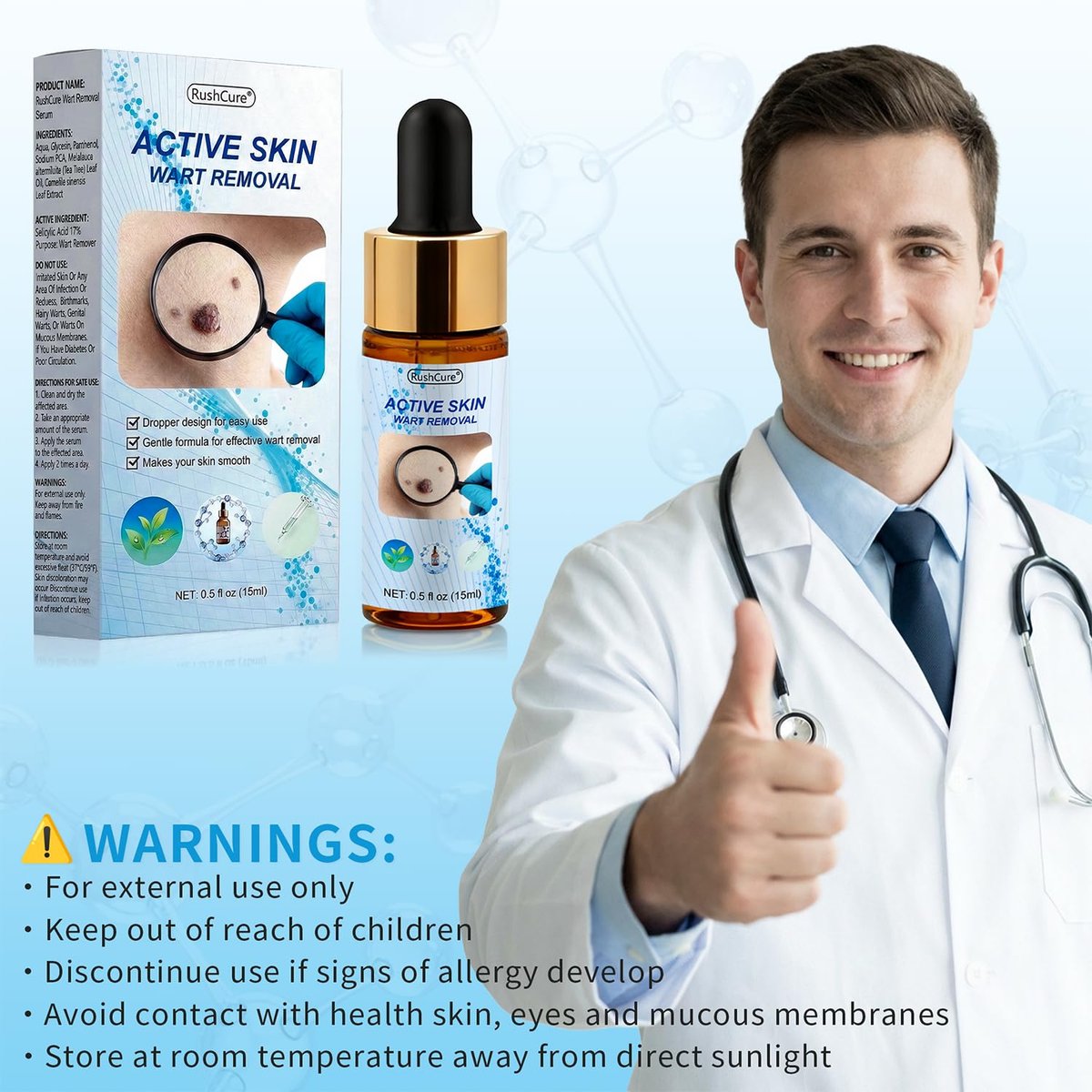 RushCure Skin Wart Remover with 17% Salicylic Acid - Fast Acting Mole Remover Serum for Plantar, Common & Flat Warts, Gentle Formula with Precision Dropper, Travel Size (0.5 Fl Oz) Avelisse