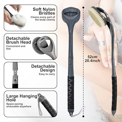 Gobiteli Back Scrubber - 20.4" Detachable Long Handle Shower Brush for Body Cleaning - Grey Avelisse