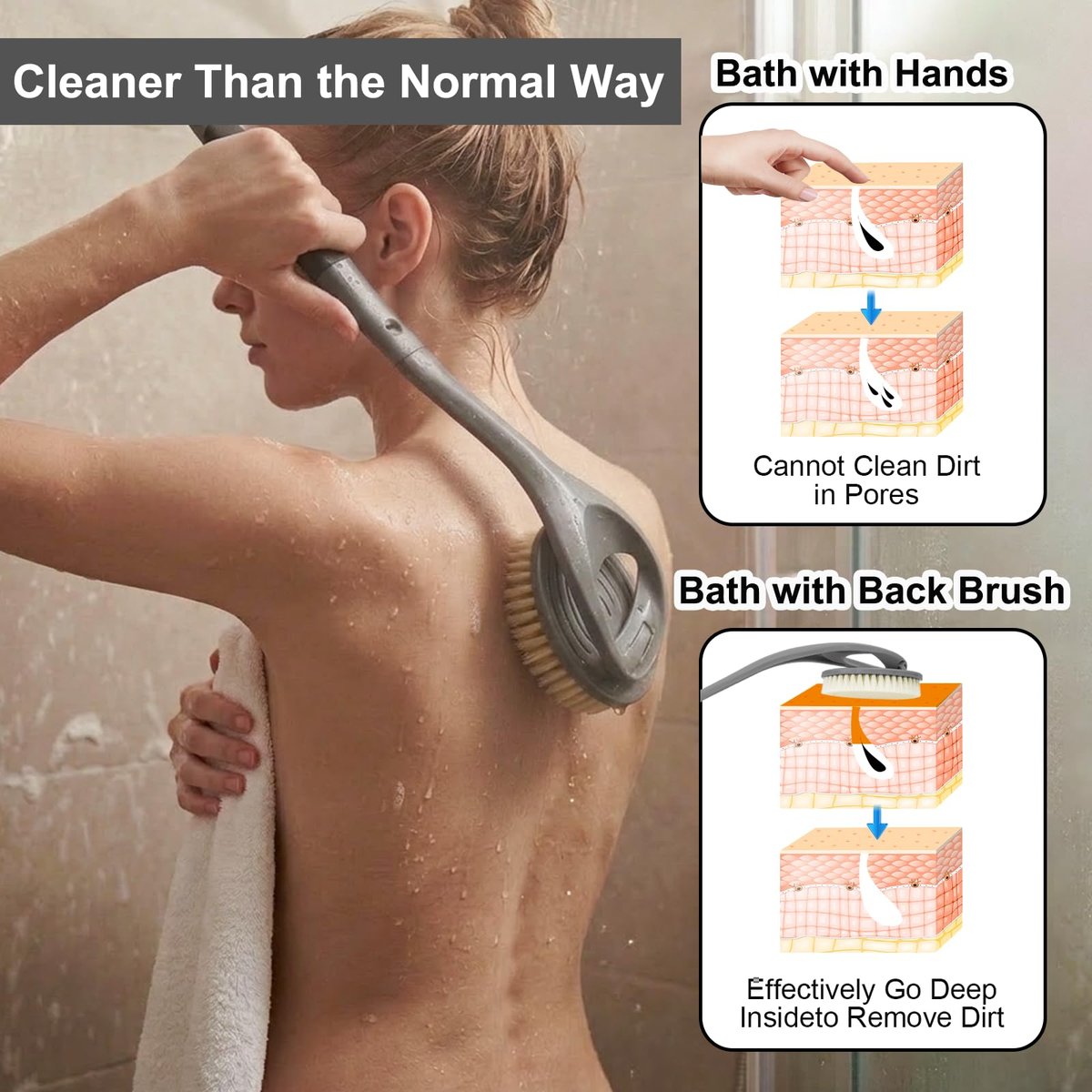 Gobiteli Back Scrubber - 20.4" Detachable Long Handle Shower Brush for Body Cleaning - Grey Avelisse