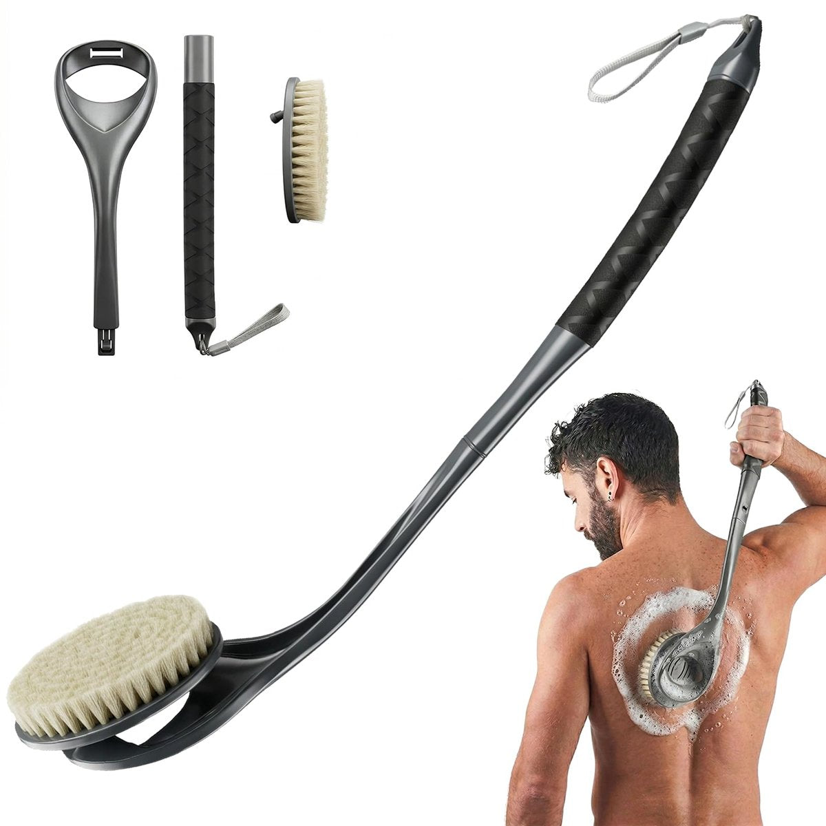 Gobiteli Back Scrubber - 20.4" Detachable Long Handle Shower Brush for Body Cleaning - Grey Avelisse