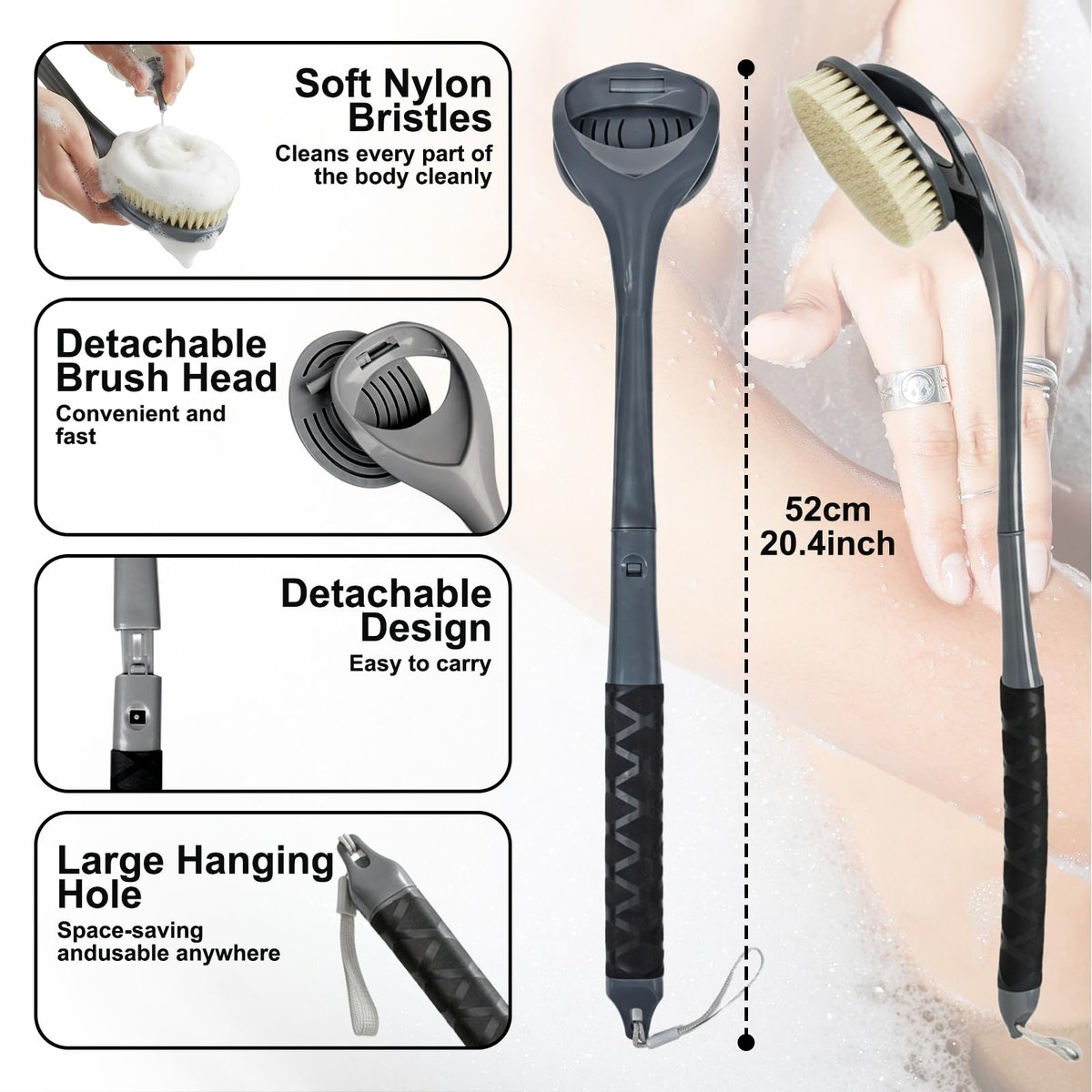 Gobiteli Back Scrubber - 20.4" Detachable Long Handle Shower Brush for Body Cleaning - Grey Avelisse