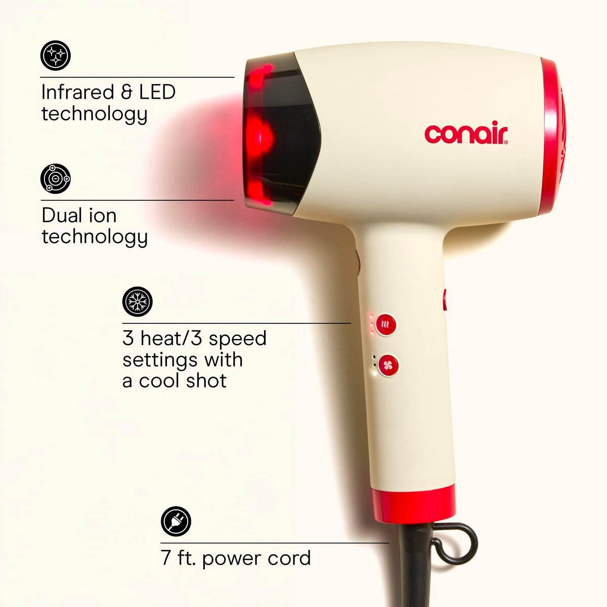 Infiniti PRO CONAIR LED Infrared Hair Dryer with Dual Ion Ceramic Technology, Anti-Frizz Ionic Blow Dryer, 3 Heat 3 Speed Settings, Professional Diffuser, White Avelisse