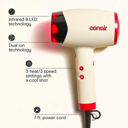 Infiniti PRO CONAIR LED Infrared Hair Dryer with Dual Ion Ceramic Technology, Anti-Frizz Ionic Blow Dryer, 3 Heat 3 Speed Settings, Professional Diffuser, White Avelisse