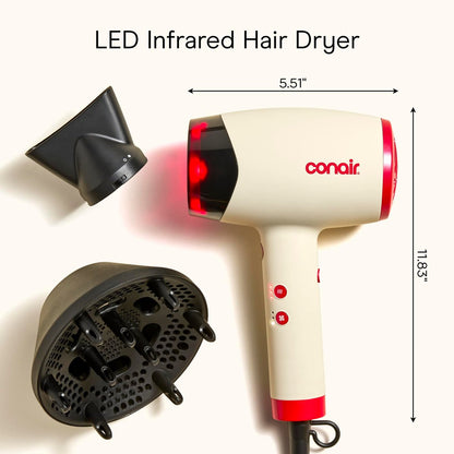 Infiniti PRO CONAIR LED Infrared Hair Dryer with Dual Ion Ceramic Technology, Anti-Frizz Ionic Blow Dryer, 3 Heat 3 Speed Settings, Professional Diffuser, White Avelisse