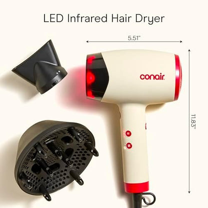Infiniti PRO CONAIR LED Infrared Hair Dryer with Dual Ion Ceramic Technology, Anti-Frizz Ionic Blow Dryer, 3 Heat 3 Speed Settings, Professional Diffuser, White Avelisse