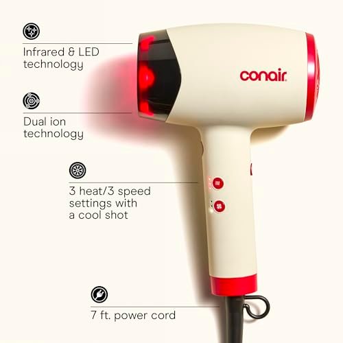 Infiniti PRO CONAIR LED Infrared Hair Dryer with Dual Ion Ceramic Technology, Anti-Frizz Ionic Blow Dryer, 3 Heat 3 Speed Settings, Professional Diffuser, White Avelisse
