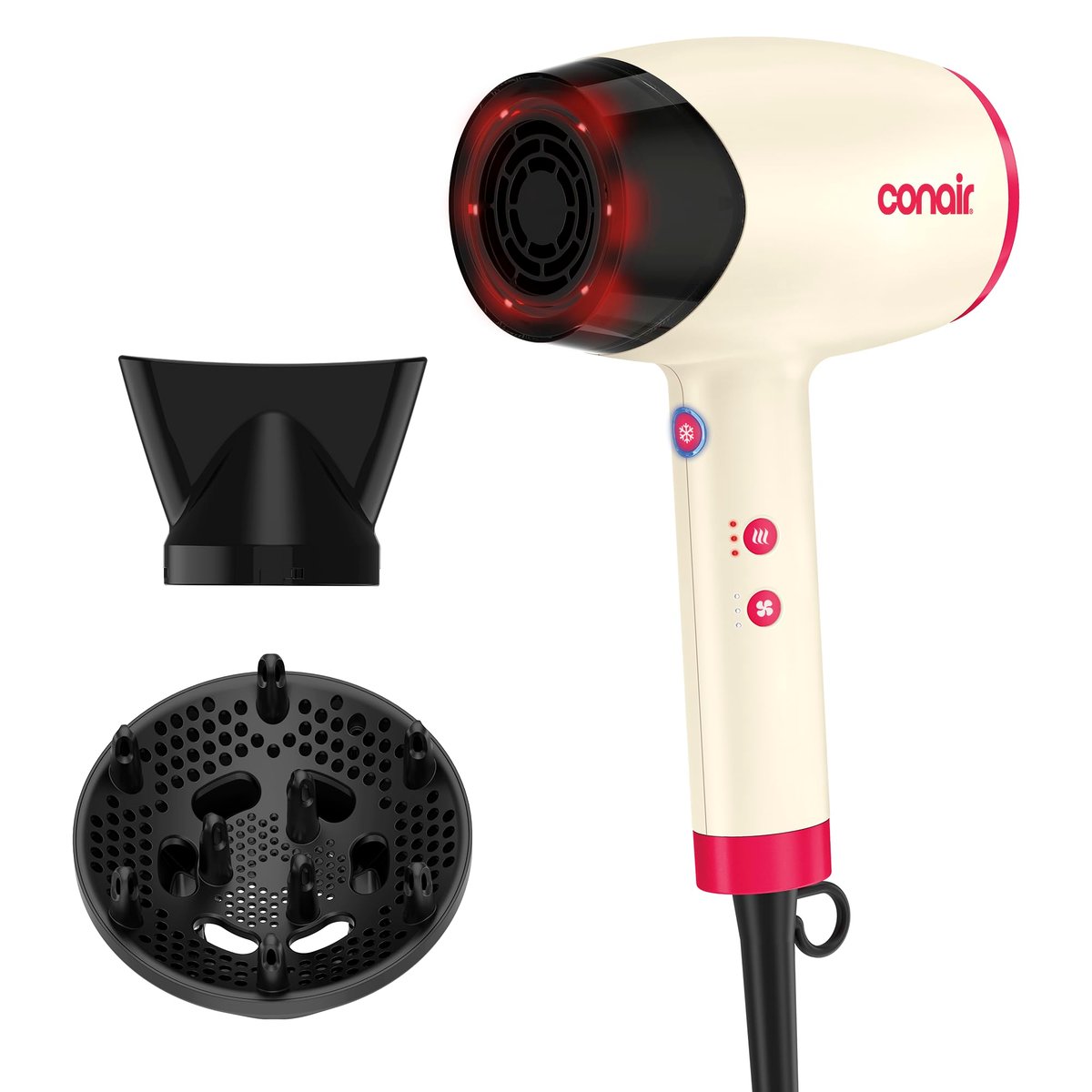 Infiniti PRO CONAIR LED Infrared Hair Dryer with Dual Ion Ceramic Technology, Anti-Frizz Ionic Blow Dryer, 3 Heat 3 Speed Settings, Professional Diffuser, White Avelisse