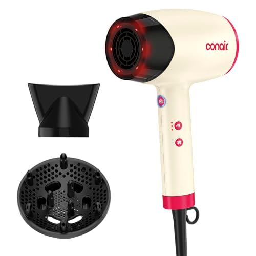 Infiniti PRO CONAIR LED Infrared Hair Dryer with Dual Ion Ceramic Technology, Anti-Frizz Ionic Blow Dryer, 3 Heat 3 Speed Settings, Professional Diffuser, White Avelisse